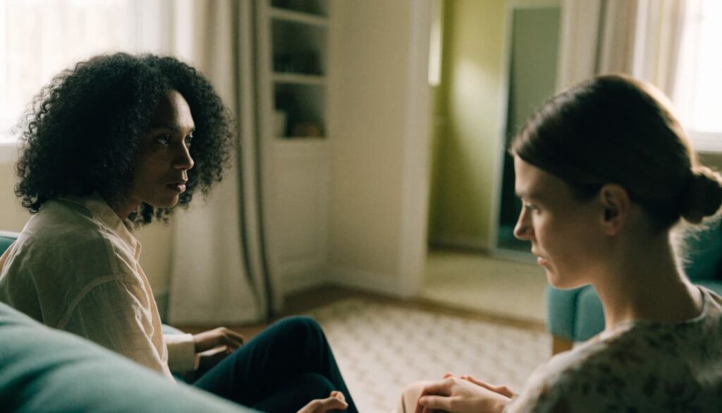 How to Set Boundaries in a Relationship: Examples and Simple Scripts 1 Two adults sit apart and listen to each other in a bright living room.