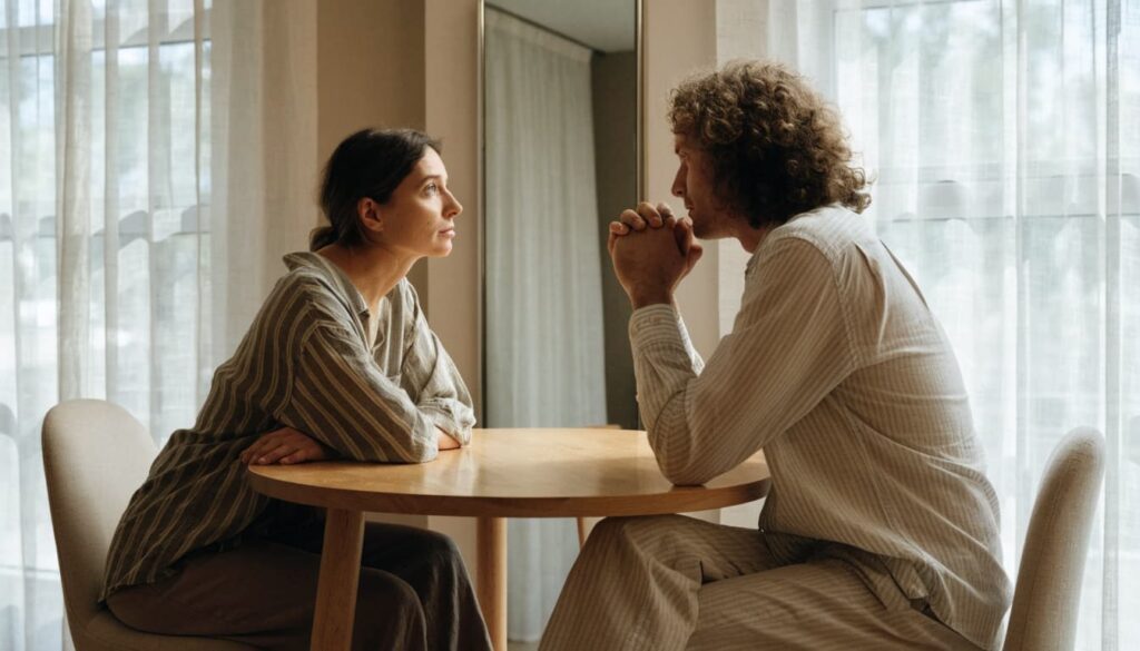 Two partners have a calm conversation across a small dining table.