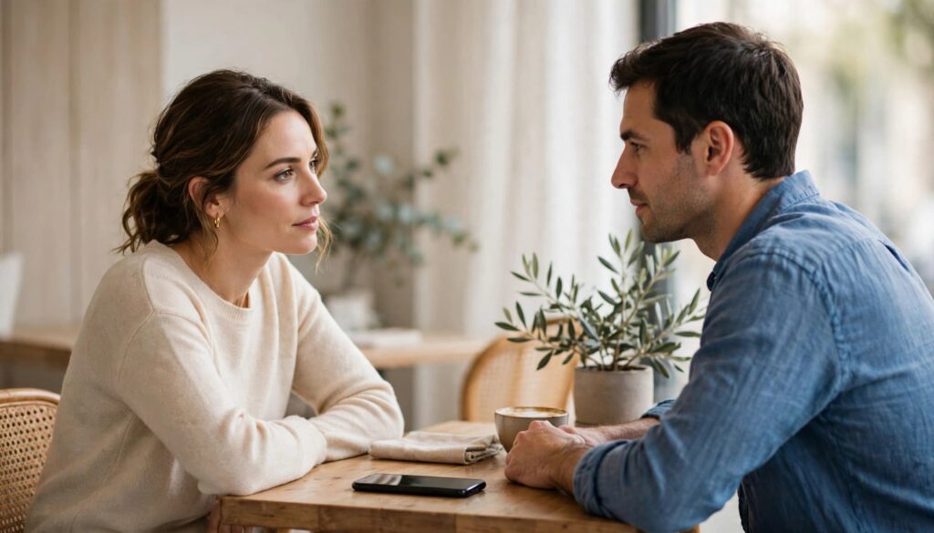 Two people talk across a café table, with a phone resting nearby.