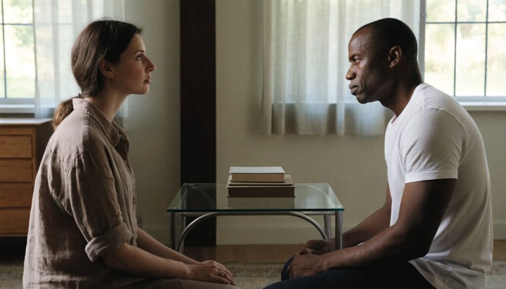 A couple sits across a dining table, listening to each other in soft window light.