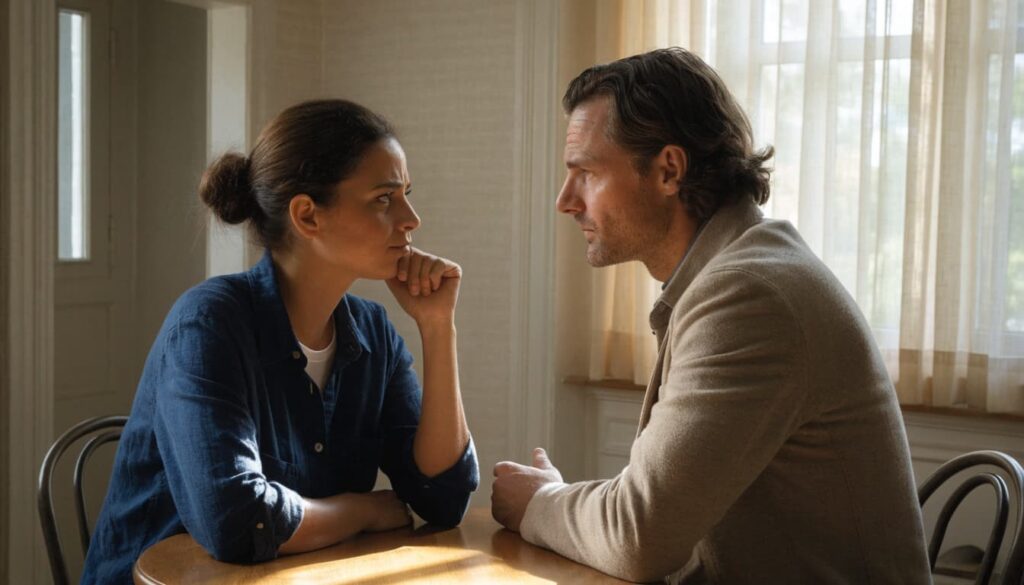 How to Rebuild Trust in a Marriage After It Has Been Broken 2 Two adults sit across a small dining table at home during a calm conversation.