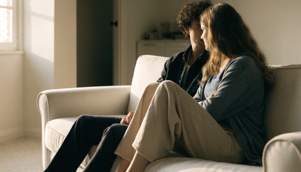 Questions to Ask Before Marriage: Important Conversations for Couples 4 A man and a woman sit close together on a light-colored sofa.