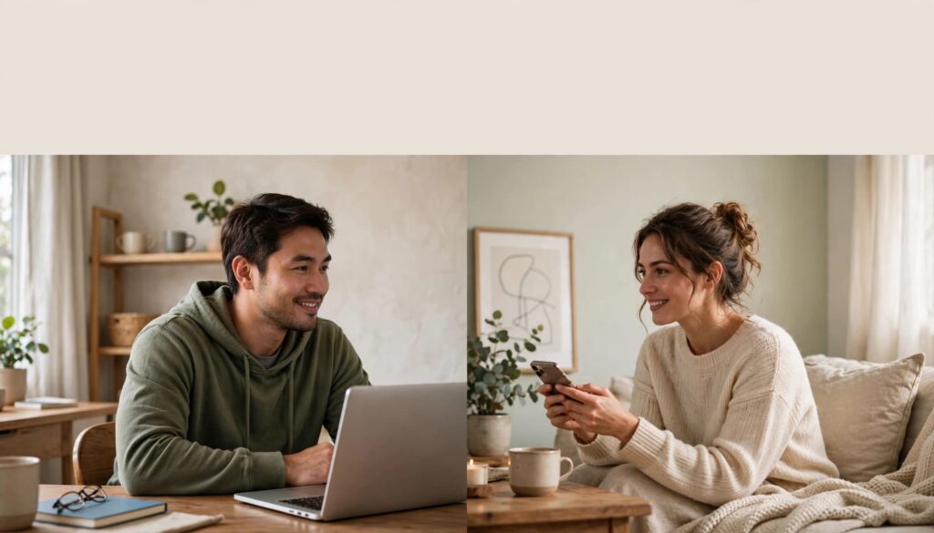 A man and woman smile during a video call while living apart.