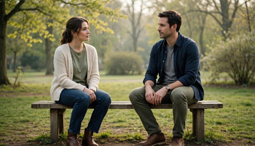 A man and woman sit on a park bench and talk calmly.