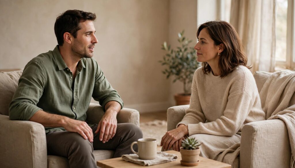 How to Build Emotional Intimacy in a Relationship 2 A man and woman sitting in armchairs and talking in a living room.