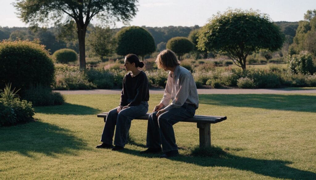 What Does Healthy Independence in a Relationship Look Like? Examples and Simple Scripts 4 Two adults sit comfortably on a park bench in a peaceful garden.