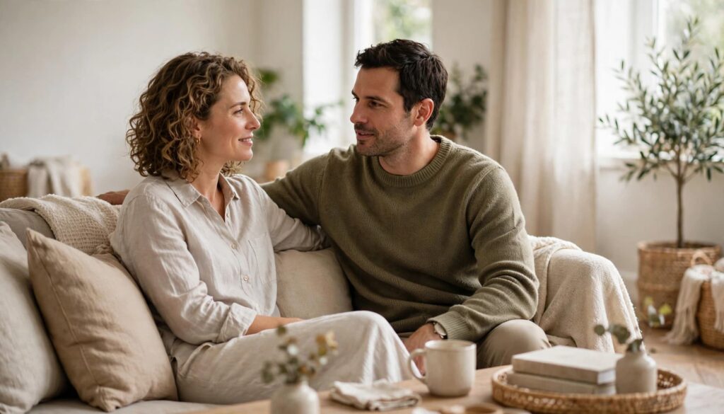Relationship Problems: 10 Practical Ways to Strengthen Your Bond 1 Couple sitting together on a sofa and having a thoughtful conversation