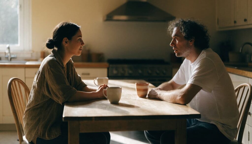 How to Communicate Better in a Relationship: 7 Habits, Examples, and Simple Scripts 1 Two partners having a calm conversation at a kitchen table.