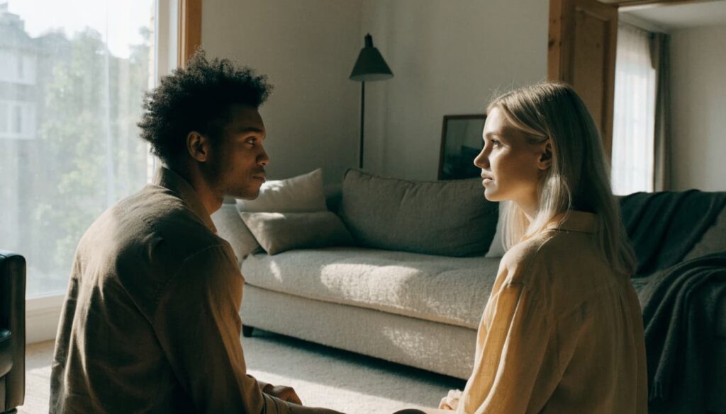 How to Overcome Insecurity in a Relationship: 7 Practical Steps 3 A man and woman sit facing each other during a calm conversation at home.
