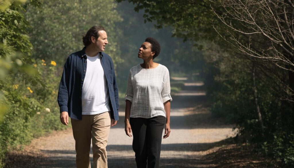How to Communicate Better in a Relationship: 7 Habits, Examples, and Simple Scripts 4 A Man and Woman Talking on a Walk