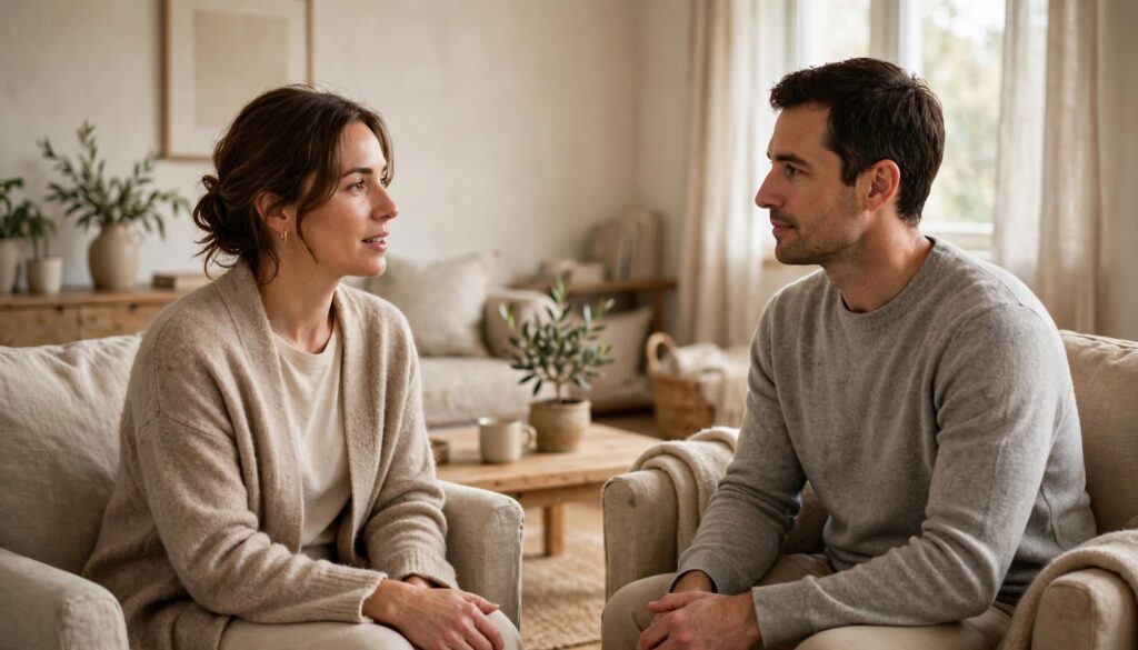 Relationship Anxiety: What It Is, Why It Happens, and What Can Help 3 Two adults sit across from each other in a softly lit living room, talking calmly.