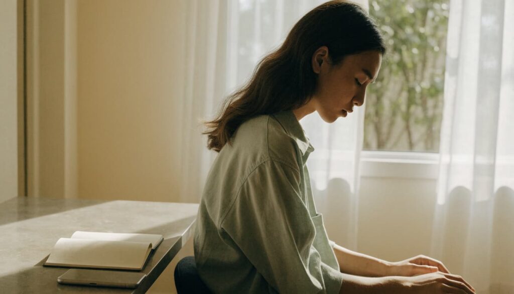 How to Set Boundaries in a Relationship: Examples and Simple Scripts 2 An adult sits by a sunny window beside a notebook and closed phone.