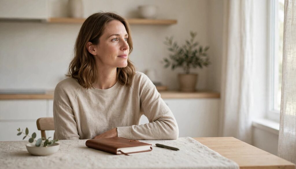 I Miss My Ex: What to Do When the Feeling Hits 2 An adult pauses beside a closed journal and pen at a kitchen table.