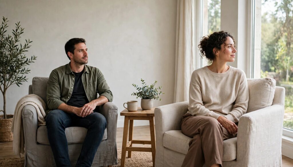 Stonewalling in Relationships: What It Means and How to Respond 2 A couple pausing a conversation at home.