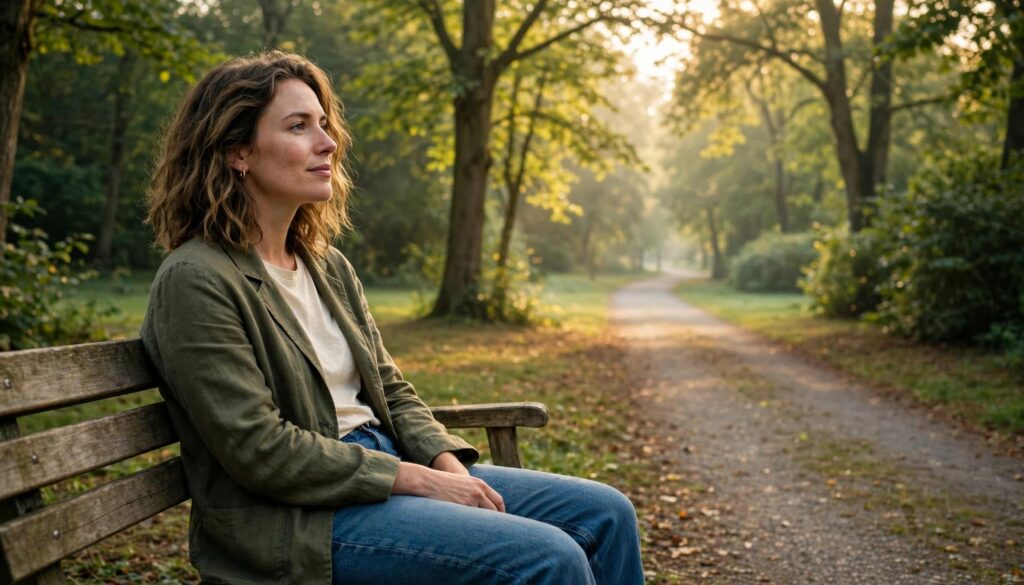 Love Bombing Examples: How to Tell Intense Affection From Pressure 4 A woman sits on a park bench and looks down a quiet, tree-lined path.