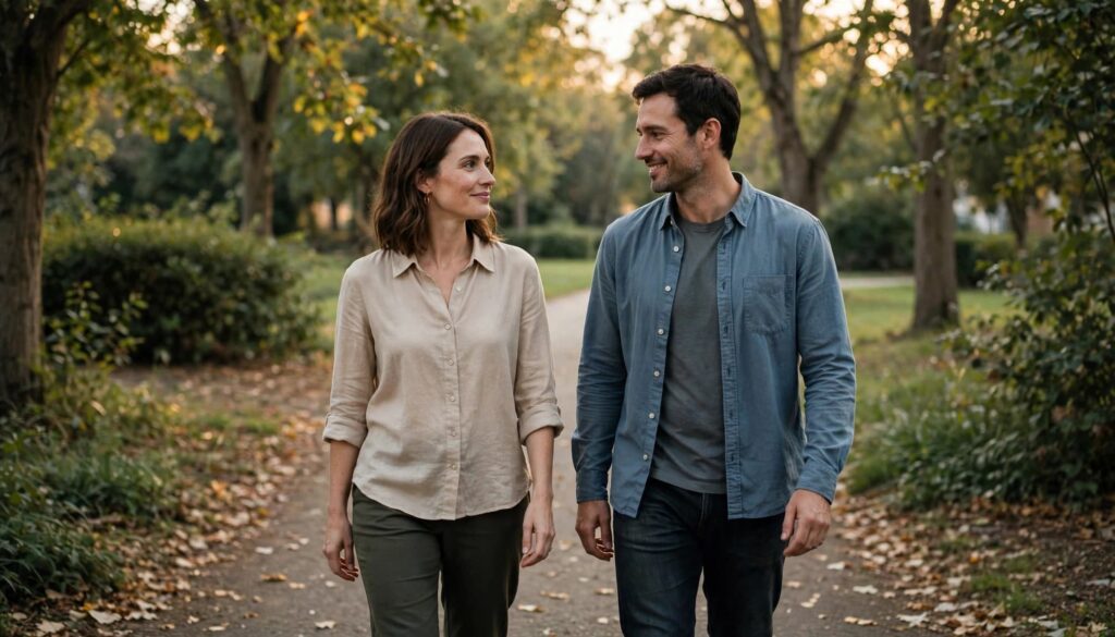 How to Make a Man Feel Appreciated: 9 Genuine Things to Say 4 A couple walks side by side along a leafy park path.