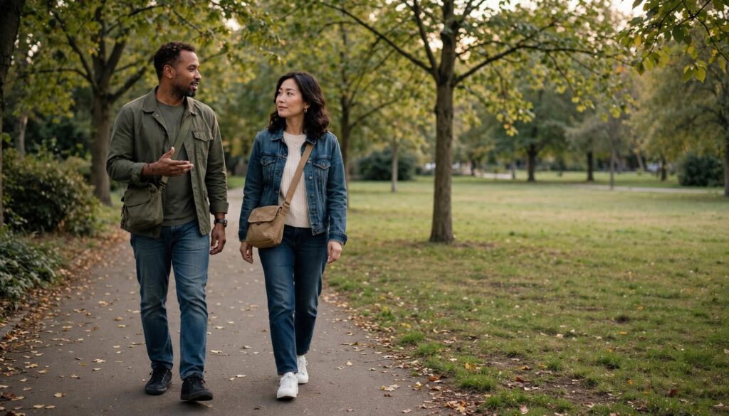 Questions to Ask Before Marriage: Important Conversations for Couples 5 A couple talks while walking along a leafy park path.