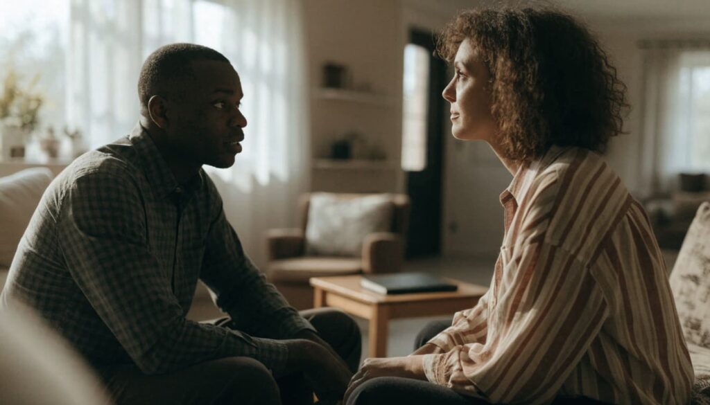 How to Rebuild Trust in a Relationship With an Ex 2 A couple having a calm conversation at home