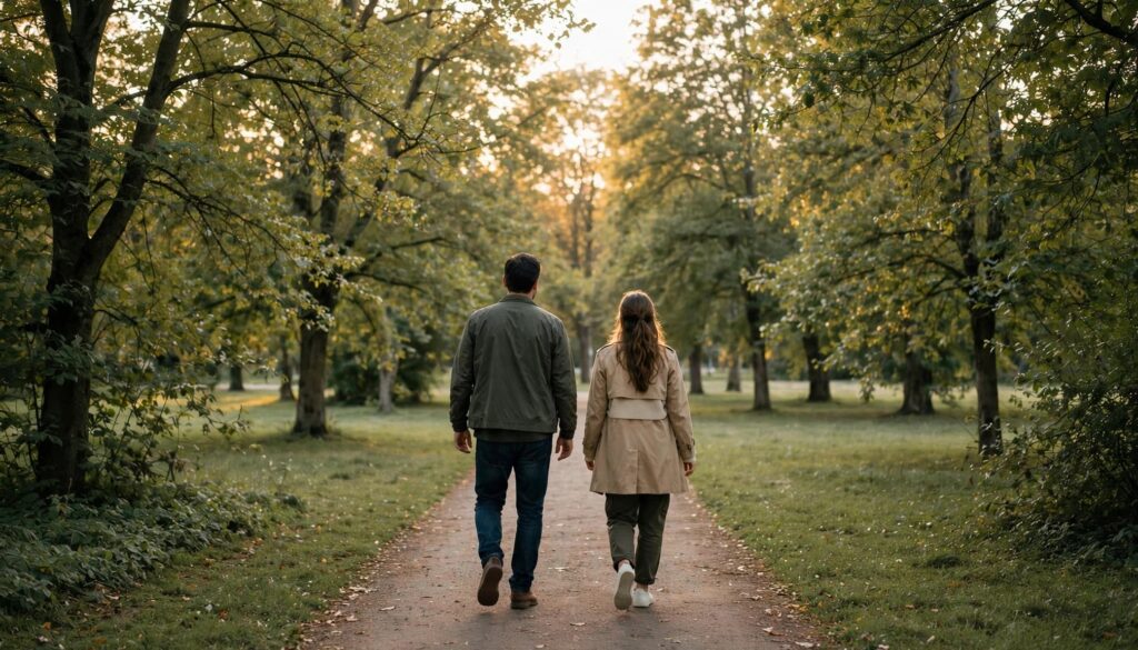 Long-Distance Relationship Advice: How to Stay Close and Connected 4 A man and woman walk together along a tree-lined park path.