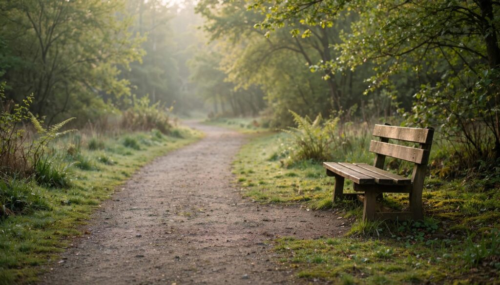 How to Break Up With Someone You Love: A Clear, Respectful Guide 4 An empty wooden bench beside a path through a leafy park.