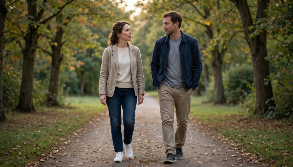 How to Build Emotional Intimacy in a Relationship 4 A man and woman walking side by side on a tree-lined path.