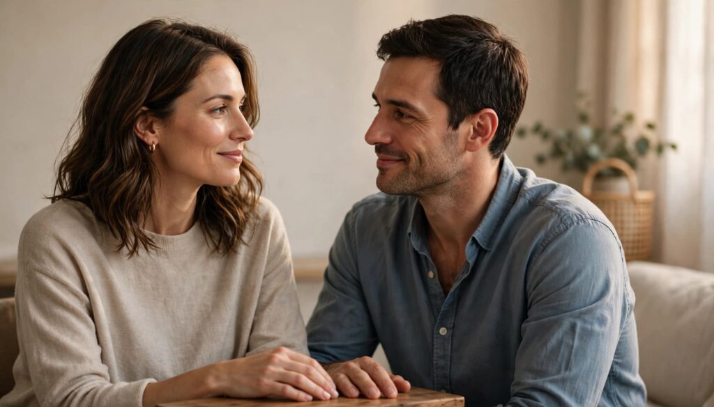 How to Overcome Insecurity in a Relationship: 7 Practical Steps 4 A man and woman share a warm moment while sitting together at home.