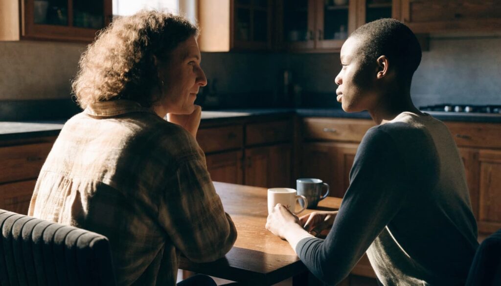 What Does Healthy Independence in a Relationship Look Like? Examples and Simple Scripts 2 Two partners talk across a kitchen table with mugs between them.