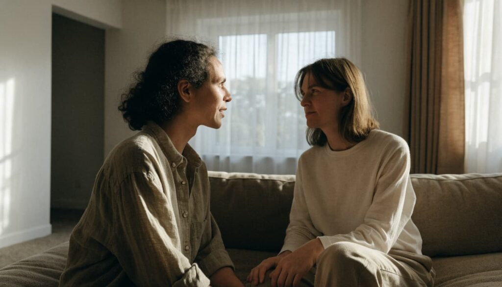 How to Communicate Better in a Relationship: 7 Habits, Examples, and Simple Scripts 2 One partner speaks while the other listens on a sofa.