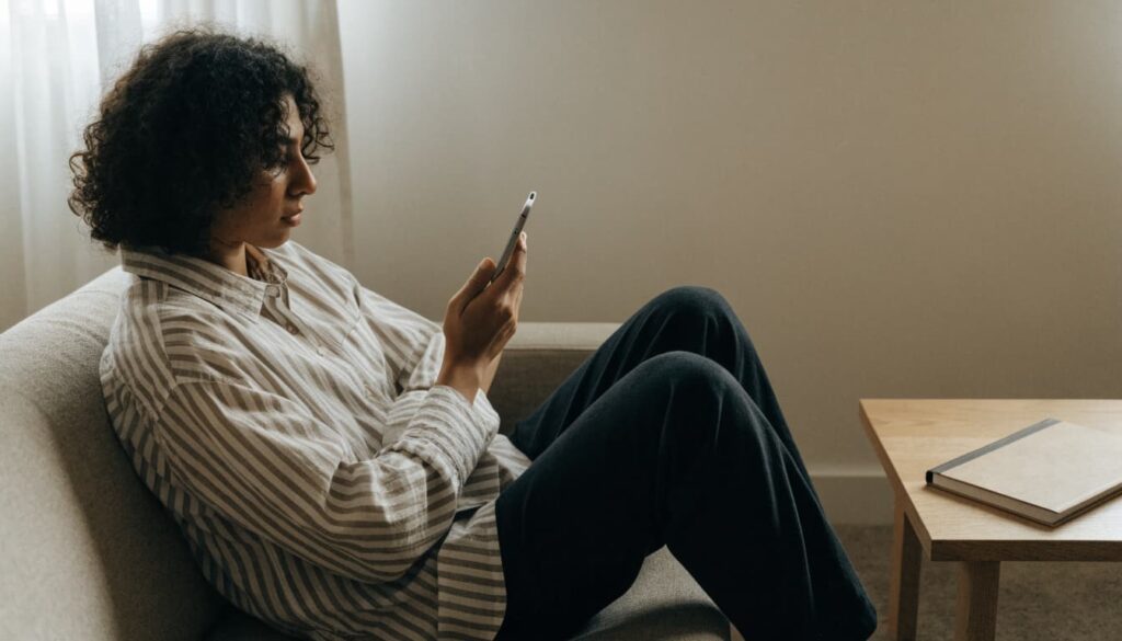 How to Stop Checking Your Ex’s Social Media After a Breakup 2 An adult looks thoughtfully at a phone while sitting beside a journal.