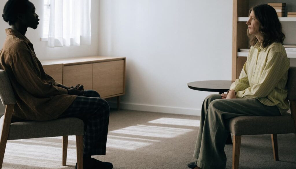 Should I Get Back With My Ex? 7 Questions to Ask First 3 Two adults sit apart in a bright living room and talk calmly.