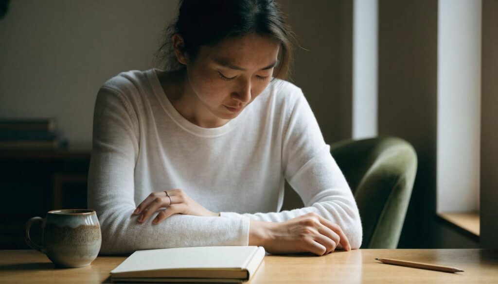 Promising Signs Your Ex Wants You Back, and How to Read Them Carefully. 3 Adult sitting at a desk beside a closed notebook and cup.