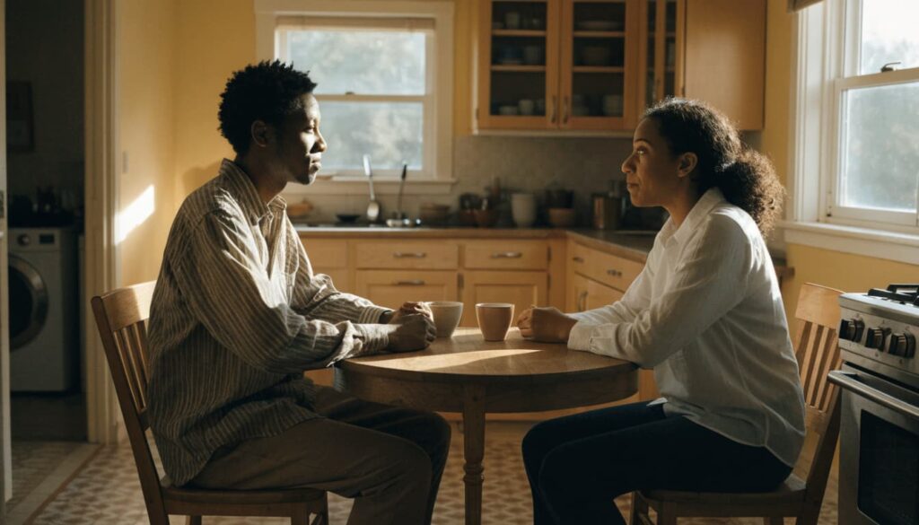 Feeling Lonely in a Relationship? What It Can Mean and What to Do 3 Two adults sit across a kitchen table with cups between them.
