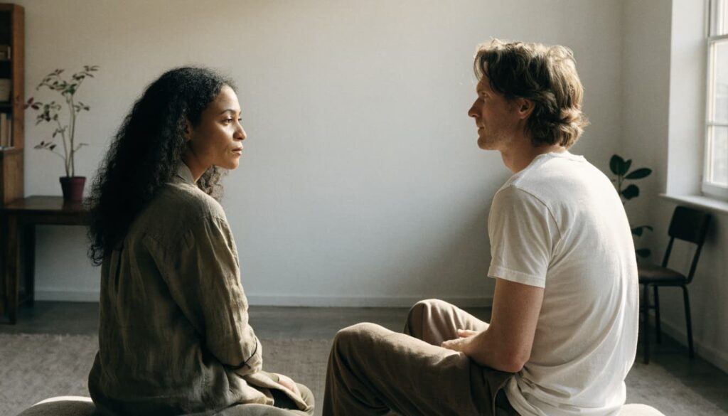 Stonewalling in Relationships: What It Means and How to Respond 3 Two partners talking together in a living room.