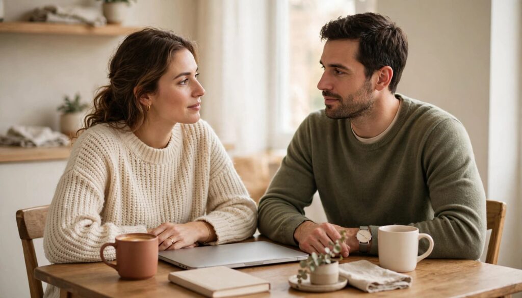 Questions to Ask Before Marriage: Important Conversations for Couples 2 A couple talks across a wooden table about managing money.