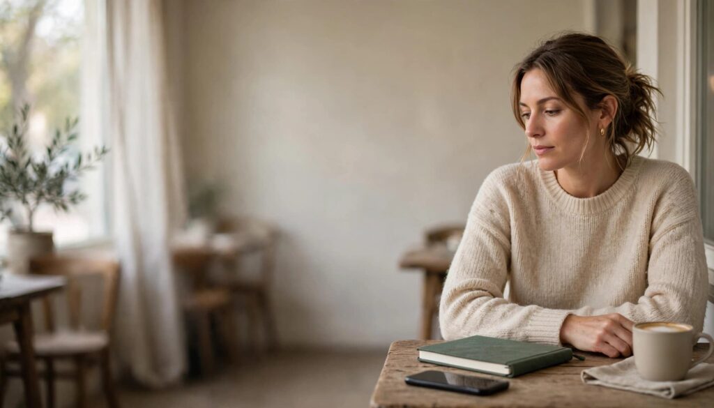 Anxious Attachment Style: Signs, Triggers, and How to Feel More Secure 2 Woman sitting at a cafe table with a phone, notebook, and coffee