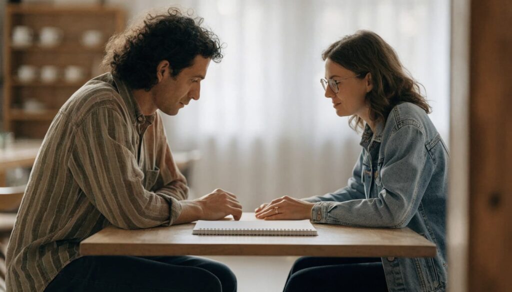 How to Rebuild Trust in a Relationship With an Ex 3 A couple talking over coffee