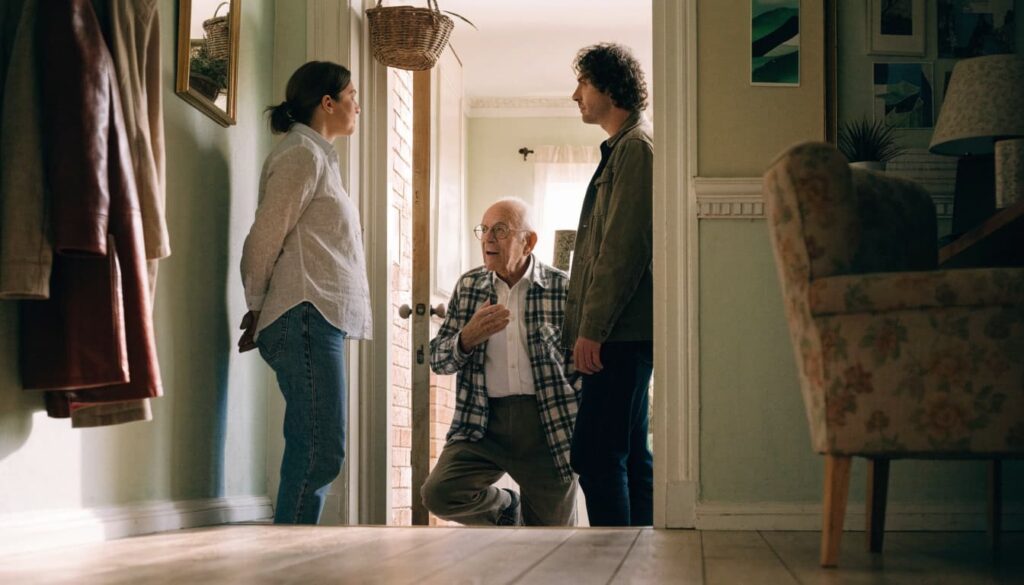 How to Set Boundaries With In-Laws: Scripts for Visits, Advice, and Privacy 3 Three adults talk near an open front door.