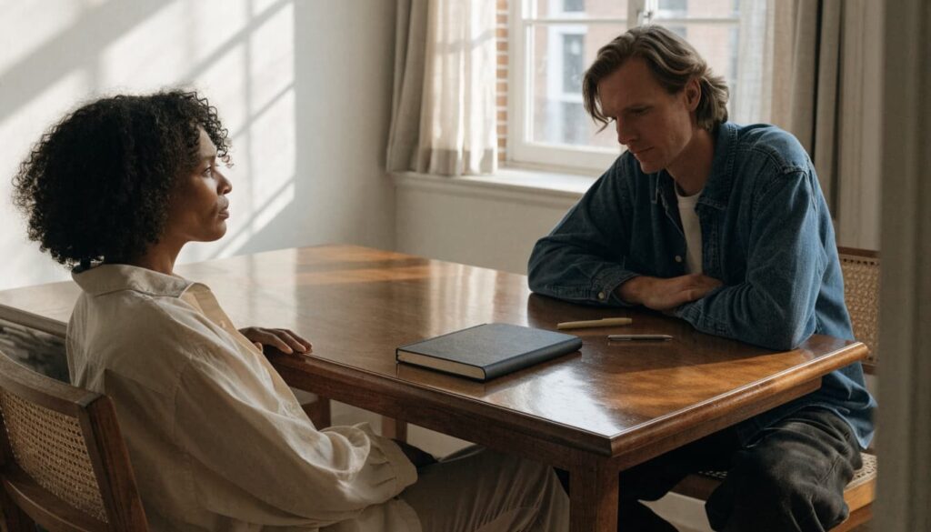 How to Communicate Better in a Relationship: 7 Habits, Examples, and Simple Scripts 3 Two partners sit together with a notebook during a weekly check-in.