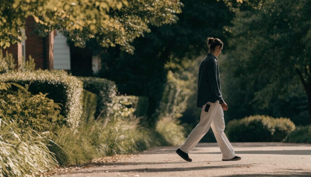 How to Stop Checking Your Ex’s Social Media After a Breakup 3 An adult walks along a leafy path with a phone tucked in a pocket.