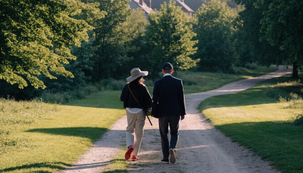 The Dynamics of Healthy Relationships: Examples and Simple Scripts 3 Two partners walk side by side along a leafy park path.