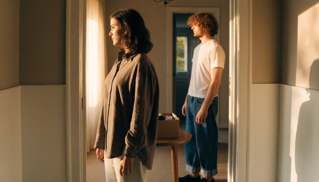 How to Break Up With Someone You Love: A Clear, Respectful Guide 3 A man and woman stand near an apartment doorway with a small box on a table.