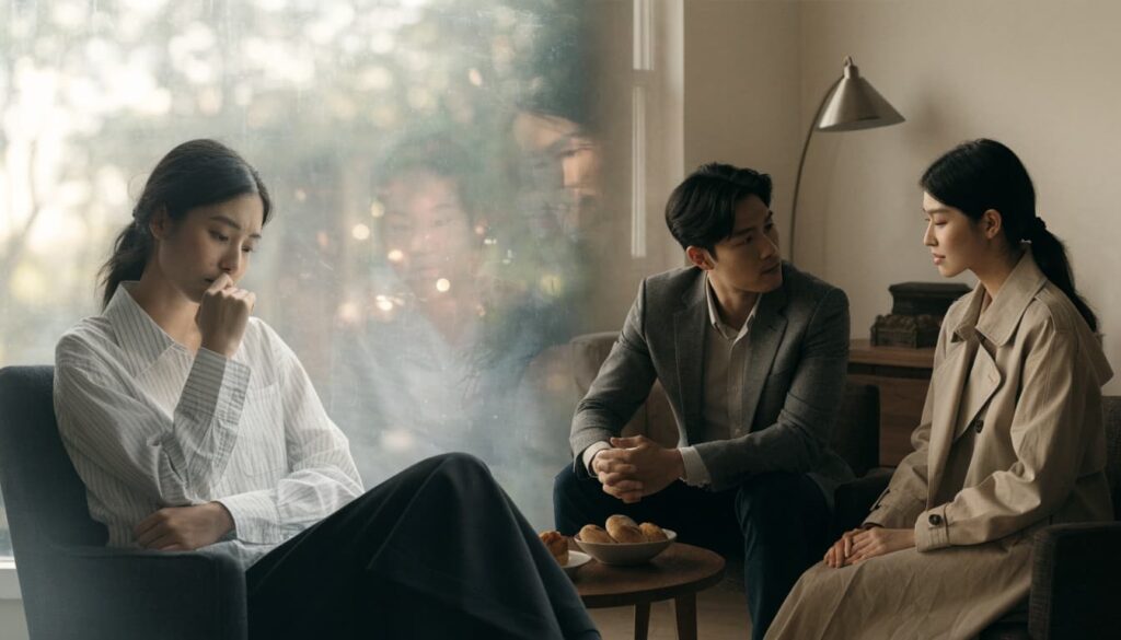 Limerence vs. Love: What the Difference Can and Can’t Tell You 4 Woman sits by a window while a couple talks in the background.