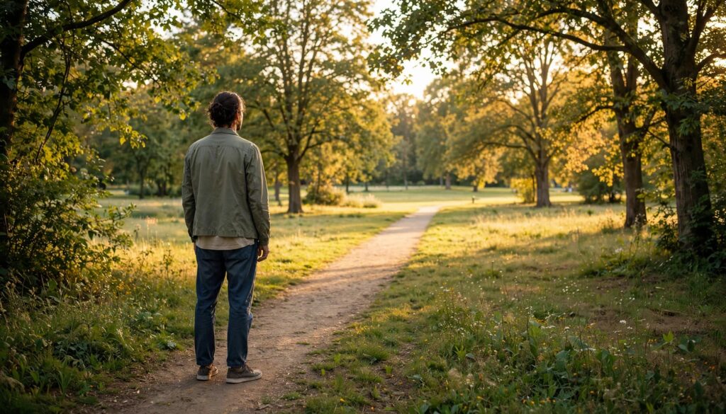 I Miss My Ex: What to Do When the Feeling Hits 4 An adult looks along a sunlit path lined with trees.