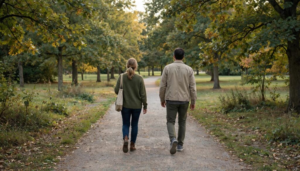 Feeling Lonely in a Relationship? What It Can Mean and What to Do 4 Two adults walk with space between them on a quiet park path.