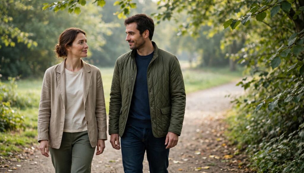 Relationship Anxiety: What It Is, Why It Happens, and What Can Help 4 Two adults walking together on a leafy park path in morning light.