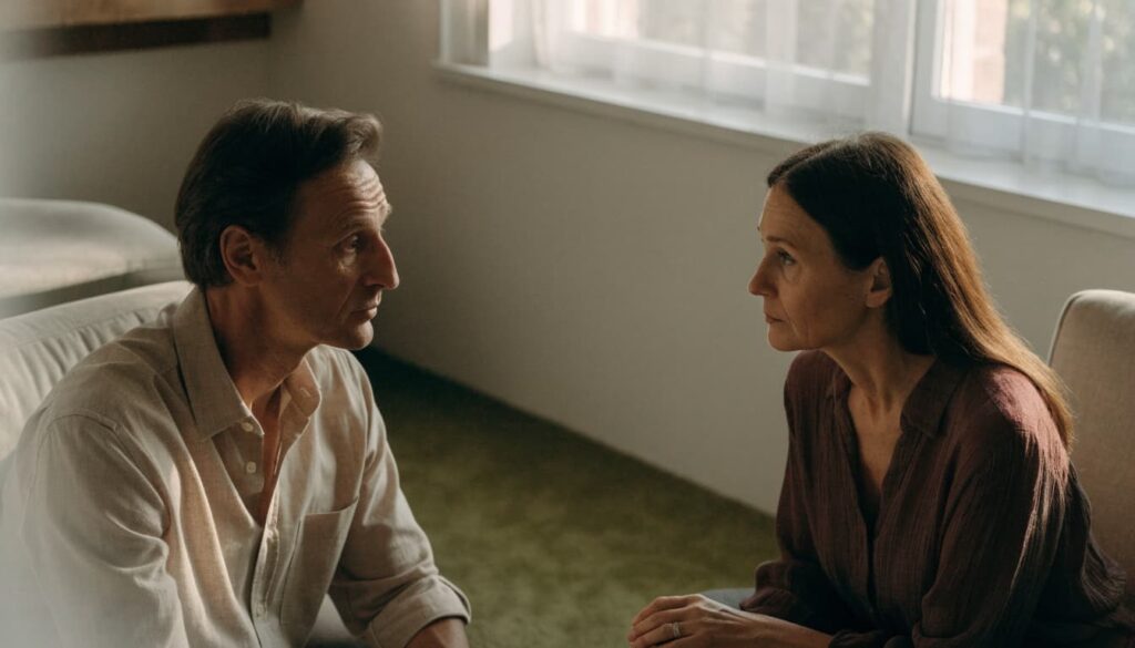 Questions to Ask Before Marriage: Important Conversations for Couples 3 A man and a woman sit in a living room and talk calmly.