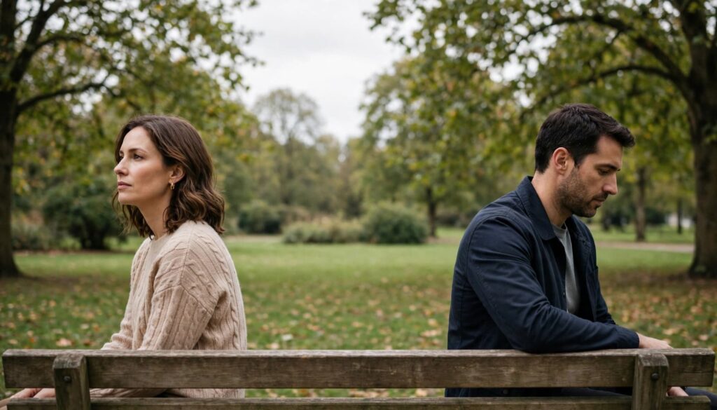 How to Get Your Ex Back: A Respectful Guide to Reconnecting 3 A man and woman sit at opposite ends of a park bench, looking away from each other.