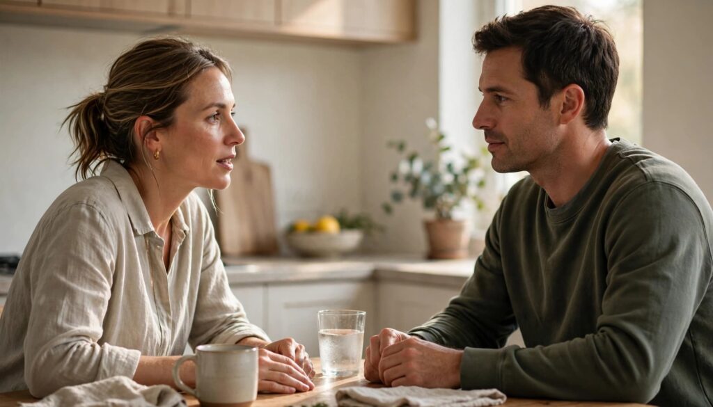 Stonewalling in Relationships: What It Means and How to Respond 4 Two partners talking in a bright kitchen.