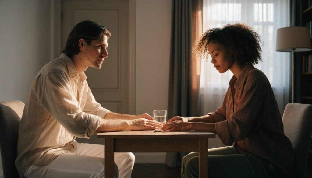 How to Stop Arguing in a Relationship: 8 Ways to Break the Cycle 2 Two partners sitting at a small table and talking calmly in a softly lit living room