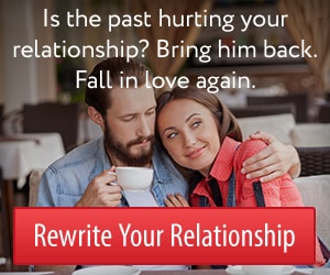 Couple sharing a coffee as a relationship graphic asks, “Is the past hurting your relationship? Bring him back. Fall in love again.”